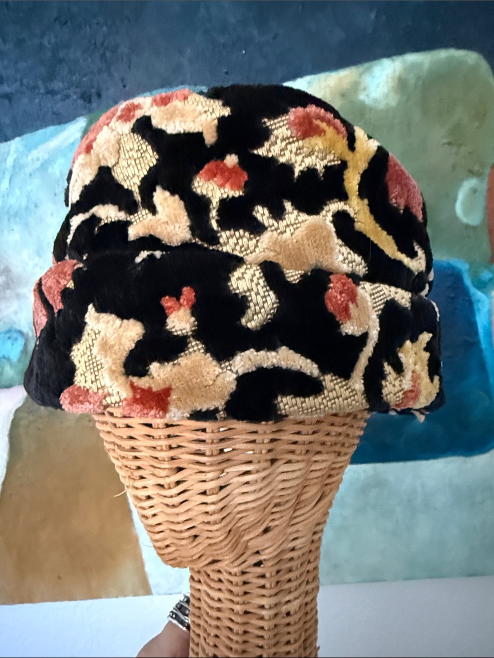 Vintage Black Plush Floral velvet couch Hat with Pink and Cream Accents